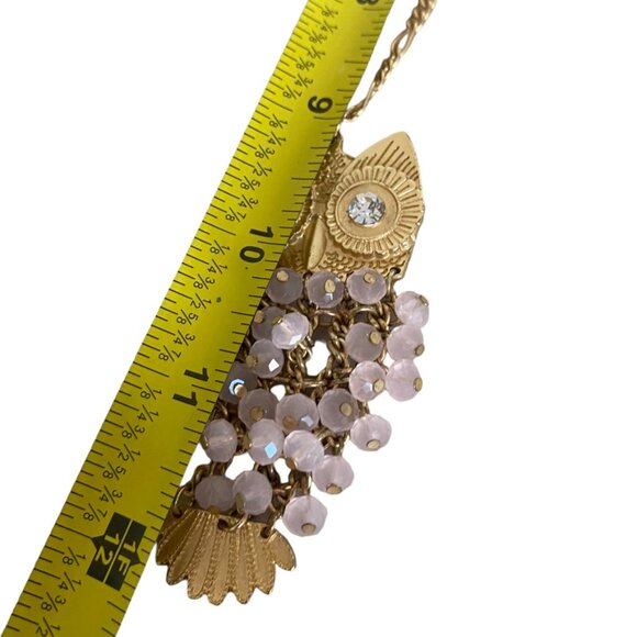 Gold Tone Owl Pendant Large Chain Necklace statement Pink beads - Picture 6 of 8